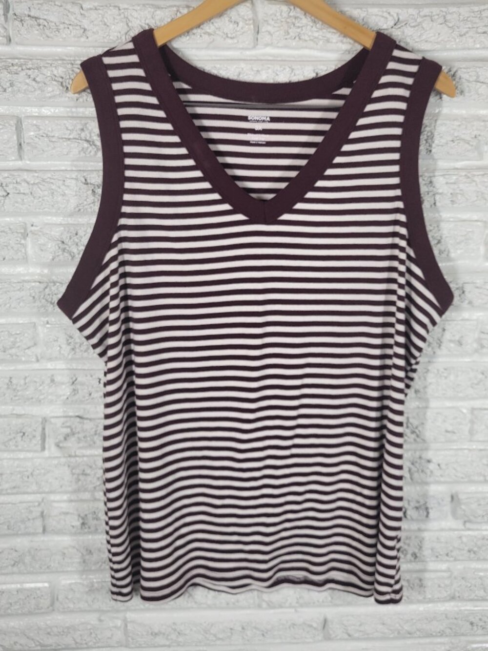 Sonoma Womens Knit Top 3X Burgundy White Striped V Neck Tank Cotton STR182XE